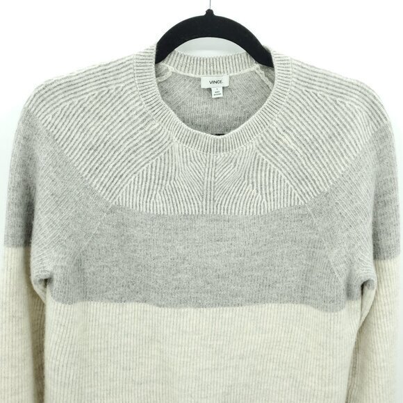 Vince Colorblock/Gradient Cream/Gray Ribbed Crew Sweater S Split Sides - Picture 4 of 14